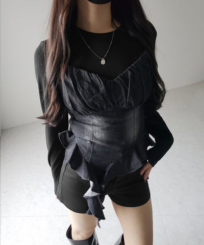 【 ２点セット 】ヴィンテージデニムビスチェ ＆ レイヤードＴシャツセット ／ vintage denim bustier & layered Ｔ-shirts set