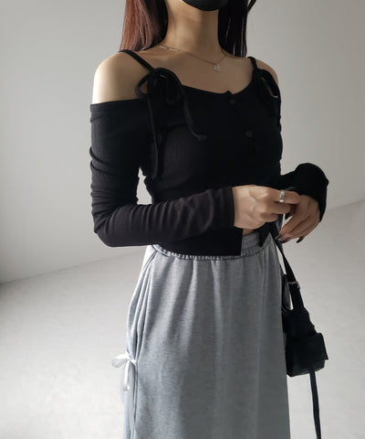 【 ２color 】３ストラップサイドリボンロングスウェットスカート／ three strap side ribbon long sweat skirt