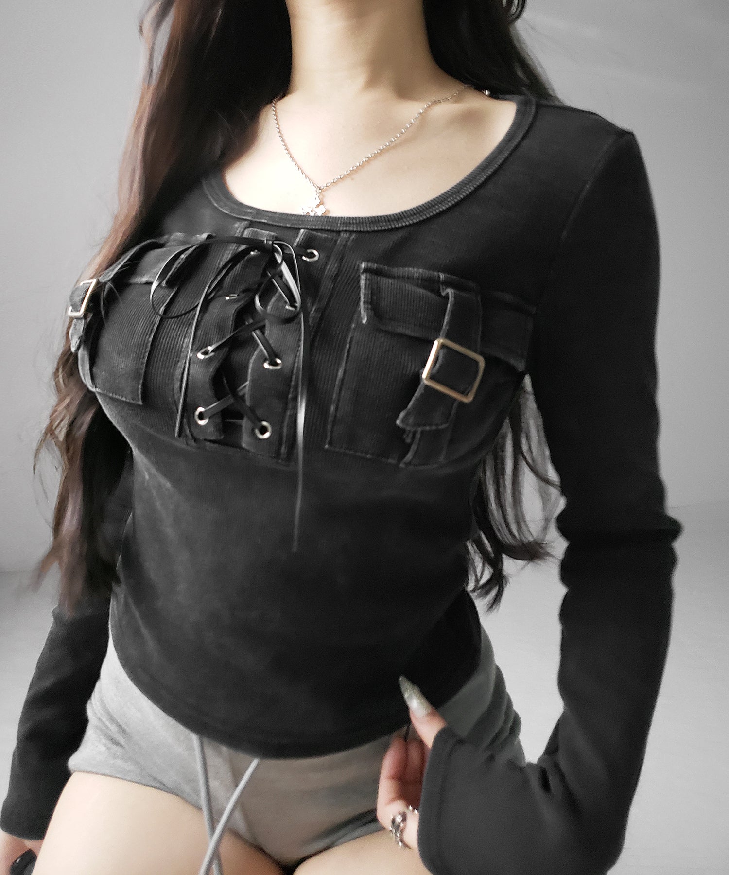 ヴィンテージレースアップアウトポケットスクエアリブロンT ／ vintage laceup outpocket square lib long slleve T-shirts