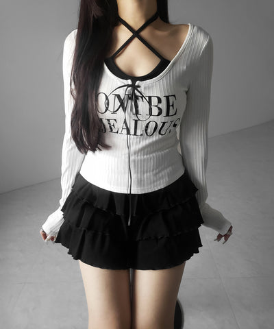 【 クロスネックにできる２WAY 】レースアップフェイクレイヤードロゴカットソートップス ／ laceup fake layered logo cutsew tops