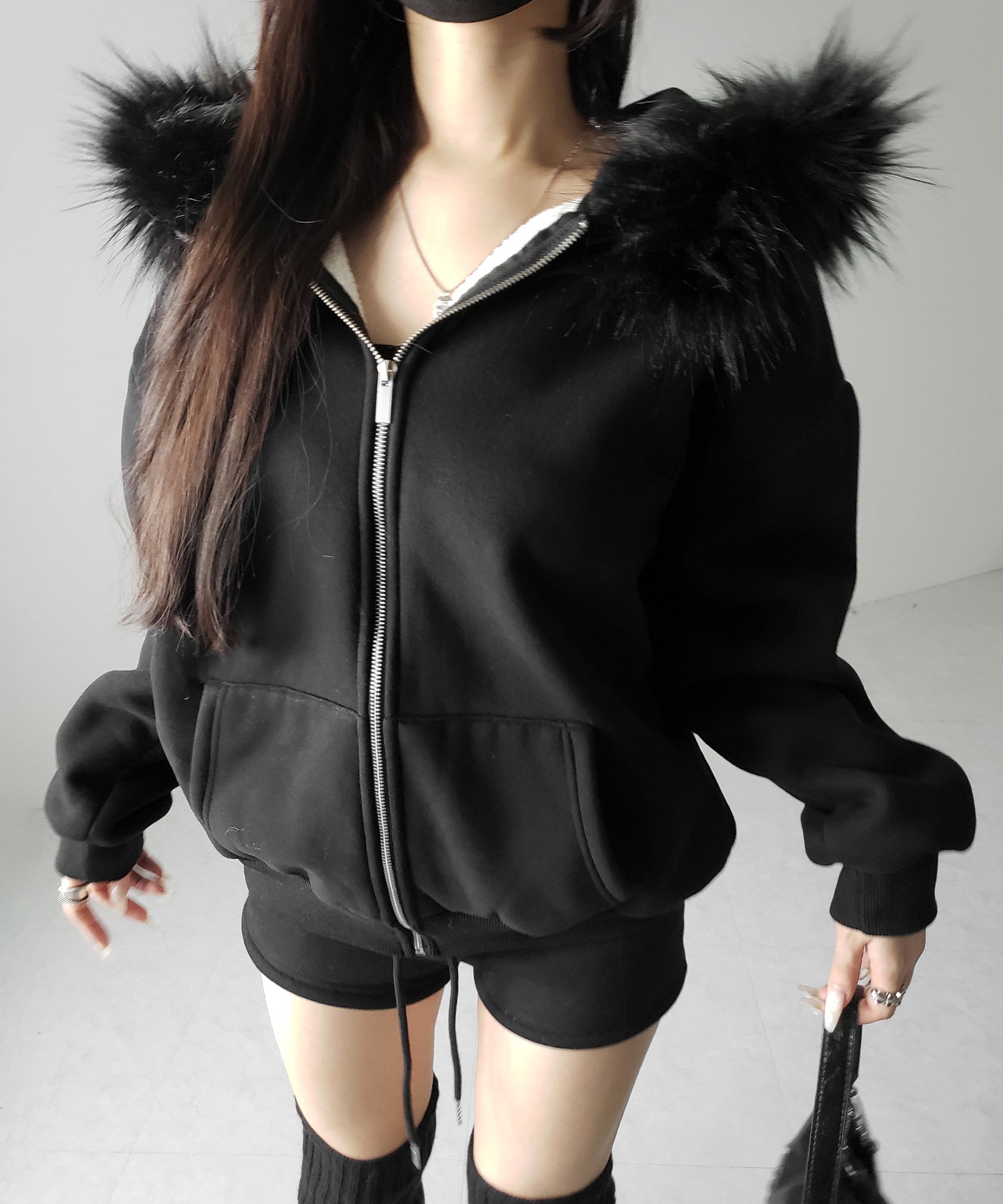 【 セットアップ 】裏起毛ファーフードオーバージップパーカー＆スウェットショートパンツ ／ Urakimo fur over zip hoodie ＆ sweat short pants SETUP