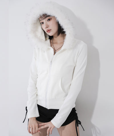 フェイクファーフーディジップアップパーカー ／ fake fur hooded zipup hoodie