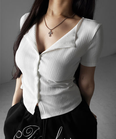 フロントボタン半袖リブカーデトップス ／ front button short sleeve lib cardigan tops