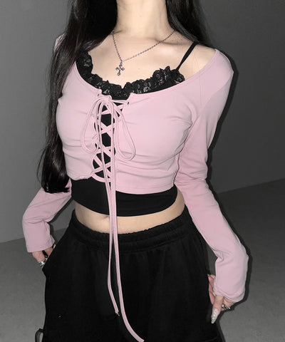 【 新色ピンクが追加！／２点セット 】レースアップリボンショートトップス ＋ レースキャミ SET ／ lace up ribbon short tops + lace cami SET