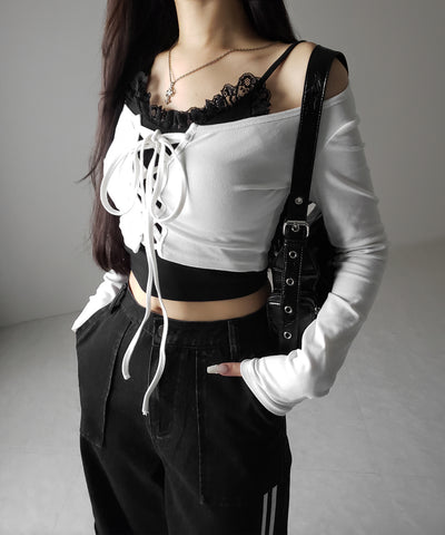 【 ２点セット 】レースアップリボンショートトップス ＋ レースキャミ SET ／ lace up ribbon short tops + lace cami SET