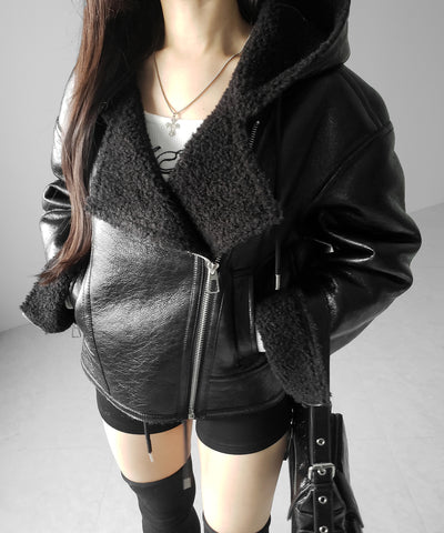 ヴィンテージレザーフーディボアムートンジャケット ／ vintage leather hoodie boa mouton jacket