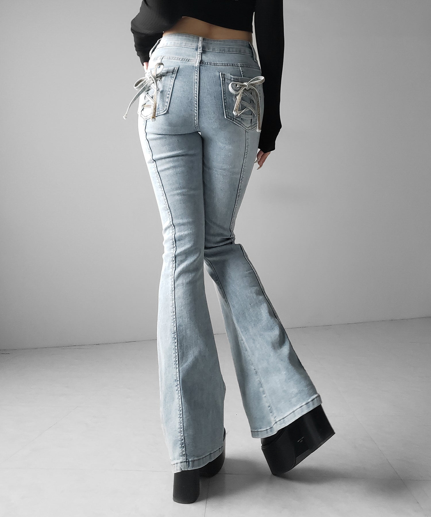 【４size 】バックリボンレースアップ美脚ストレッチフレアデニム ／ back ribbon lace up slim leg stretch flare denim