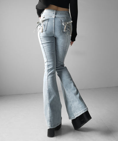 【４size 】バックリボンレースアップ美脚ストレッチフレアデニム ／ back ribbon lace up slim leg stretch flare denim