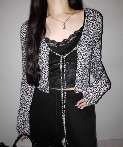 レオパードフロントリボンショートカーディガン ／ Leopard front ribbon short cardigan
