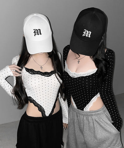ドットカットアウトレースポイントボディスーツトップス ／dot cutout lace point bodysuit tops