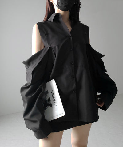 【 ３color 】オープンショルダーカットアウトビッグシャツ ／ open shoulder cutout big shirt
