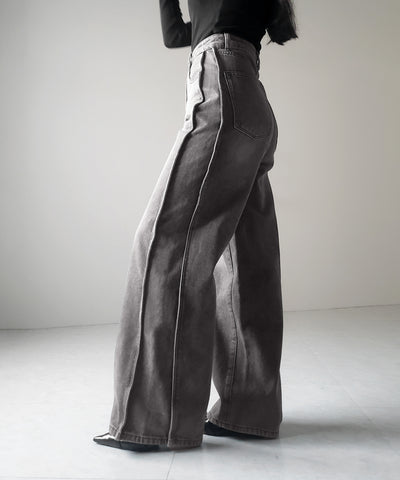 【 ３color ／ ４size 】サイドタック切替ハイウエストストレートデニム ／side tack kirikae highwaist straight denim