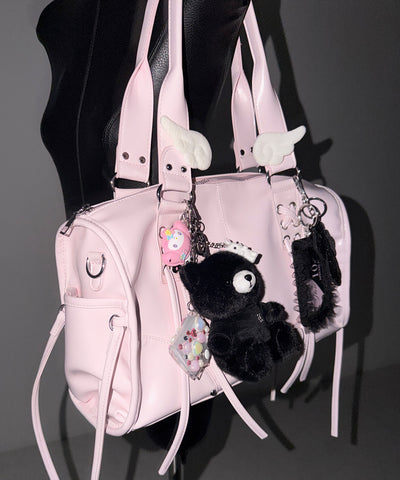 【 ショルダーストラップ付き２WAY 】レースアップベルテッドフリンジボストンショルダーバッグ／lace up belted fringe boston shoulder bag