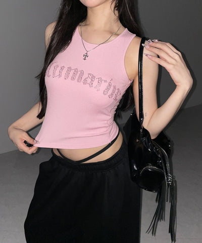 ラインストーンロゴリブタンクトップ／Rhinestone logo ribbed tank top