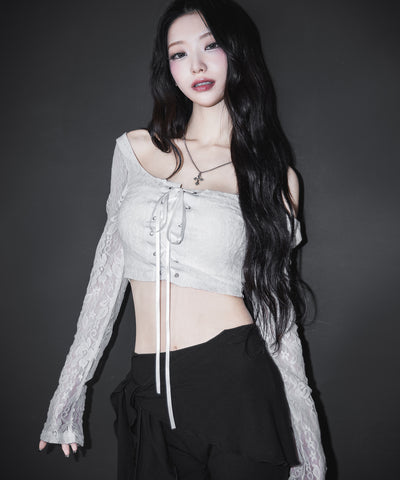 【 ２color 】レースアップコルセットリボンショートレーストップス ／ laceup corset ribbon short lace tops