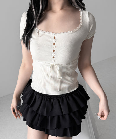 フロントリボンスクエア半袖ニットトップス / front ribbon square short sleeve knit tops
