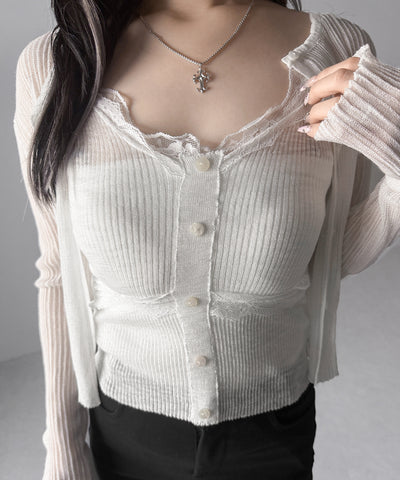 【 2点セット 】フロントレースシアーニットキャミソール ＋カーディガン SET / front lace sheer knit camisole + cardigan set