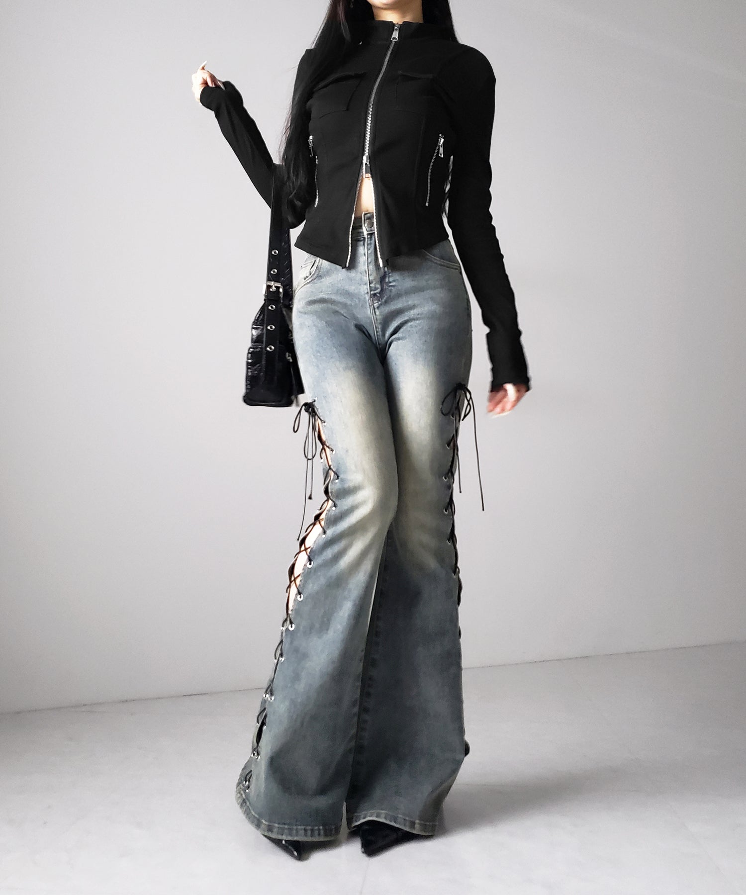 アウトポケットダブルジップスリムリブトップス ／ out pocket double zip slim ribbed tops