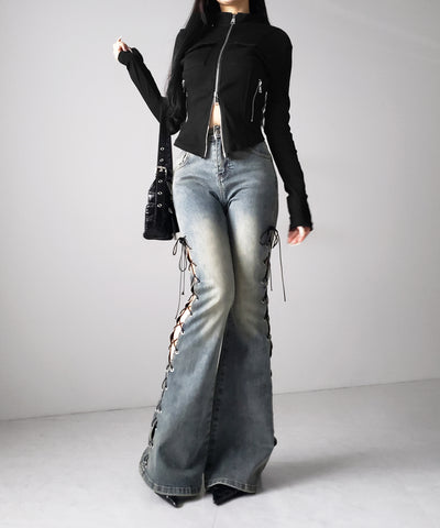 アウトポケットダブルジップスリムリブトップス ／ out pocket double zip slim ribbed tops