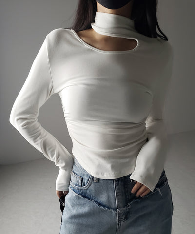 【 ２color 】カットアウトアシメチョーカーカットソートップス ／cutout asymmetry choker cutsew tops