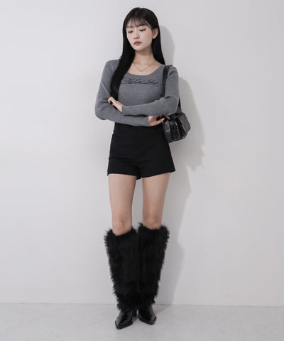 レタリングロゴ刺繍スクエアネックショートリブニットトップス ／ lettering logo embroidery square neck short rib knit tops