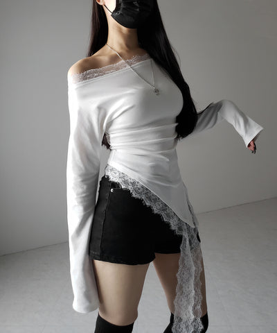 【 ２color 】ワンショルダーレースドッキングアシンメトリートップス ／ one shoulder lace docking asymmetry tops