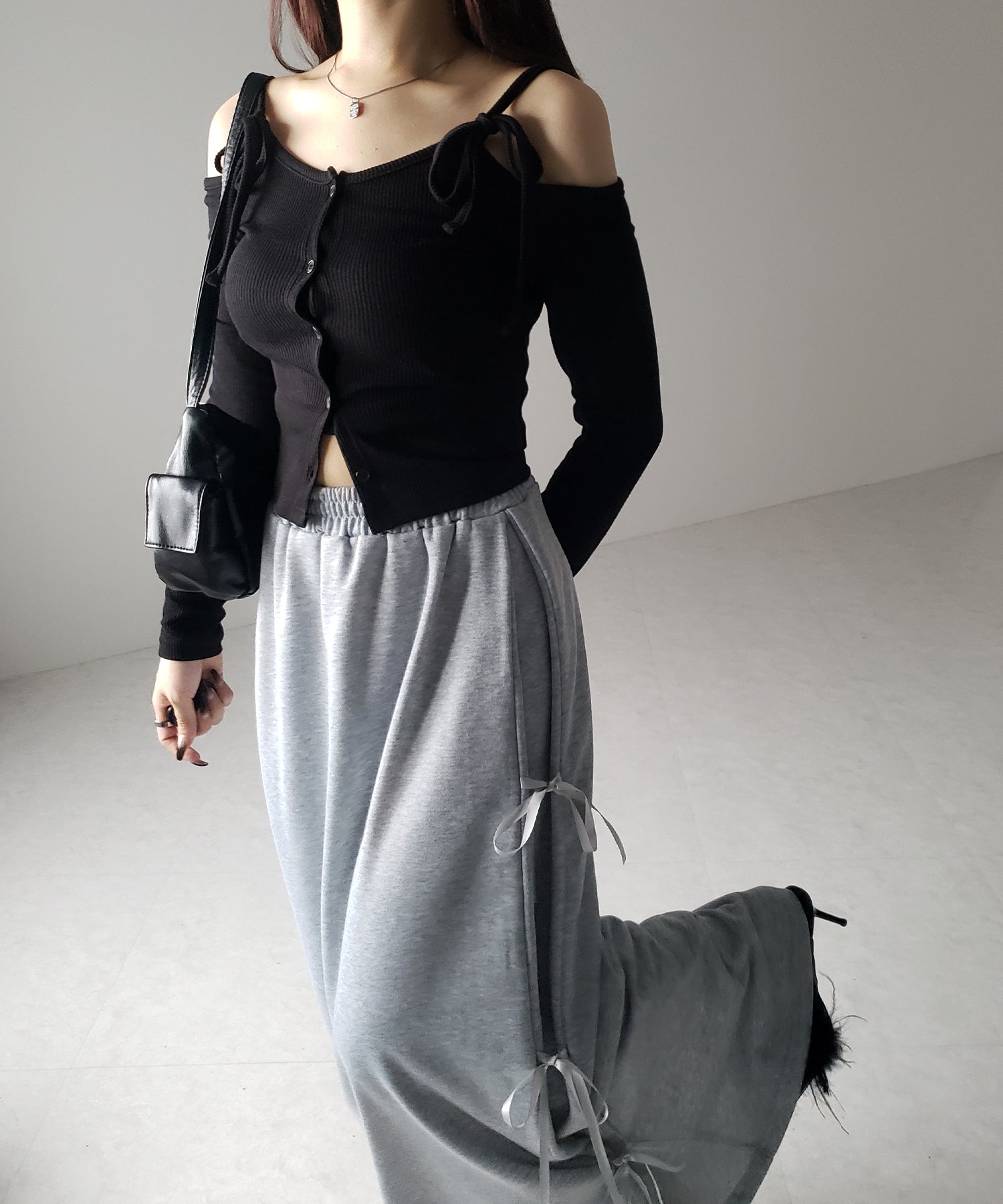【 ２color 】３ストラップサイドリボンロングスウェットスカート／ three strap side ribbon long sweat skirt