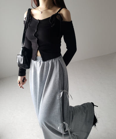 【 ２color 】３ストラップサイドリボンロングスウェットスカート／ three strap side ribbon long sweat skirt