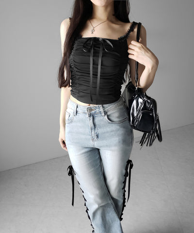 シャーリングギャザーフロントリボンキャミソール ／ shirring gather front ribbon camisole