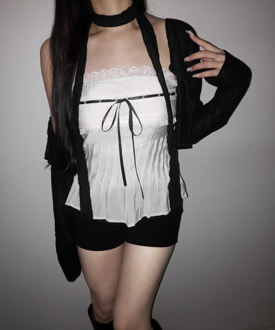 【 ２color 】フロントリボンレースフレアベアトップ ／ front ribbon lace flare bare top