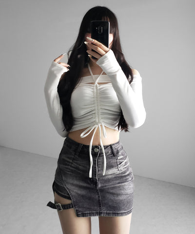 【 インパン裏地付 】カットアウトベルトストラップデニムミニスカパン ／ cutout belt strap denim mini skirt pants