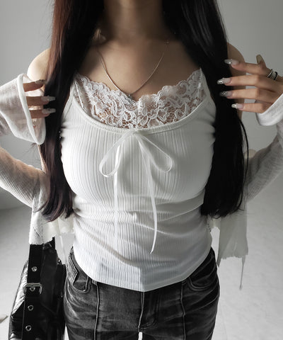 【 ３color ／ カップ付き 】フロントリボンレースドッキングキャミソール ／front ribbon lace docking camisole