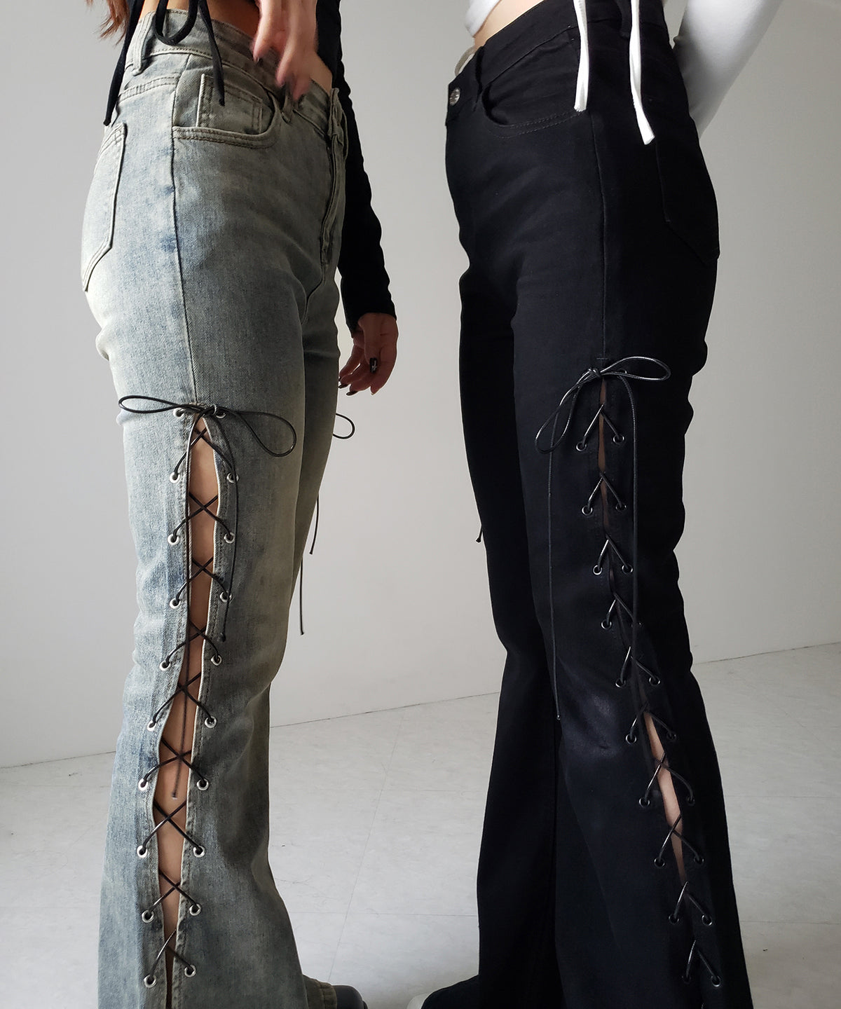 レースアップカットアウトストレッチフレアデニム ／ lace up cutout stretch flare denim