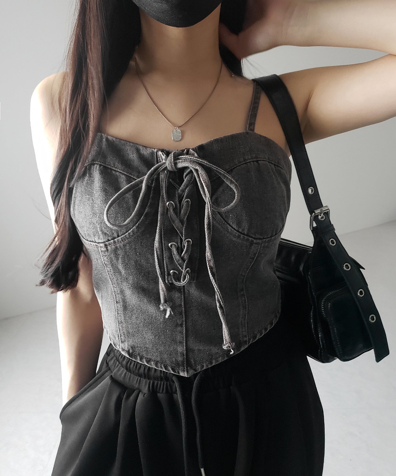【 ２color 】レースアップリボンコルセットデニムビスチェ ／ lace up ribbon corset denim bustier