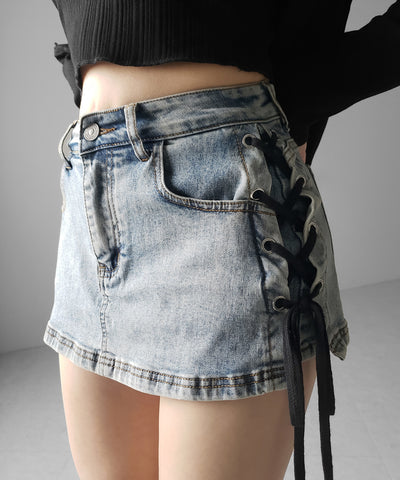 【 インパン裏地付き 】レースアップマイクロデニムミニスカパン ／ Lace-up micro denim mini skirt pants