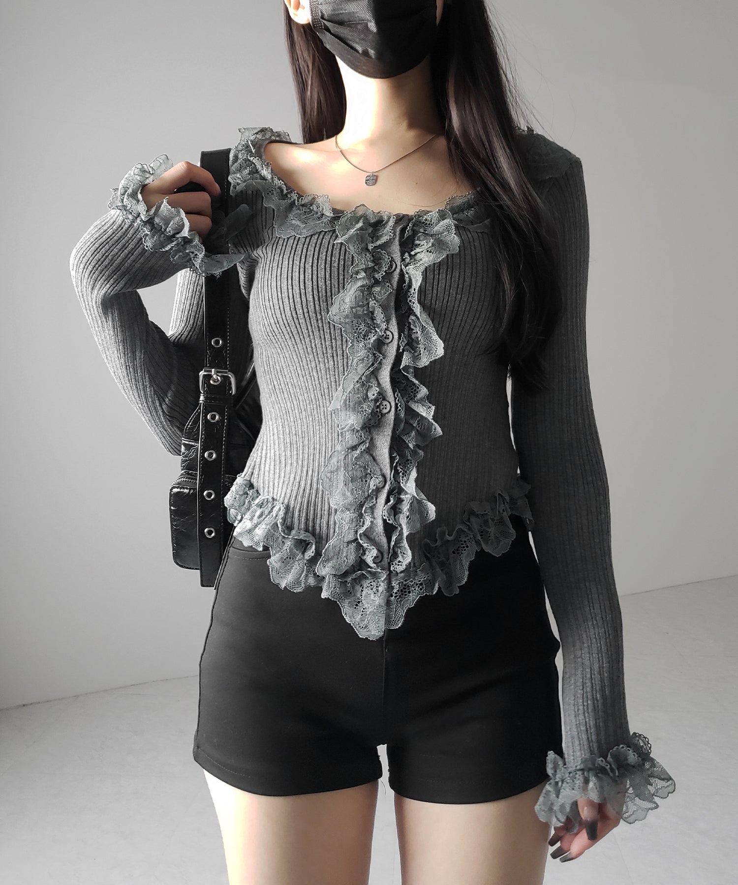 【 ３color 】レースフリルドッキングリブニットカーディガン ／ lace frill docking rib knit cardigan
