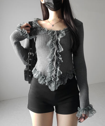 【 ３color 】レースフリルドッキングリブニットカーディガン ／ lace frill docking rib knit cardigan