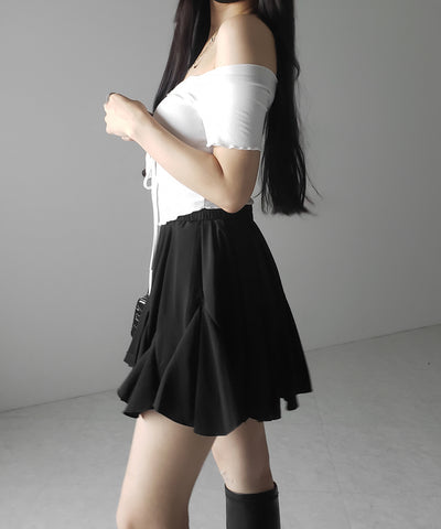 【 ２color ／インパン裏地付き 】ハイウエストドレープフレアミニスカート ／ high waist draped flare mini skirt