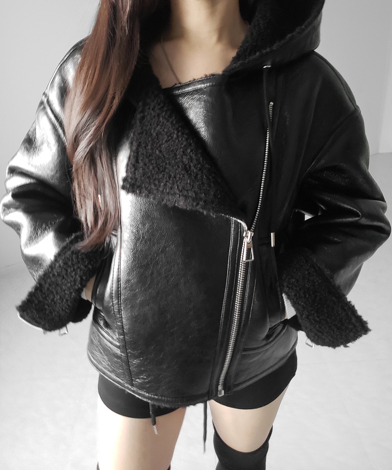 ヴィンテージレザーフーディボアムートンジャケット ／ vintage leather hoodie boa mouton jacket