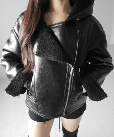 ヴィンテージレザーフーディボアムートンジャケット ／ vintage leather hoodie boa mouton jacket