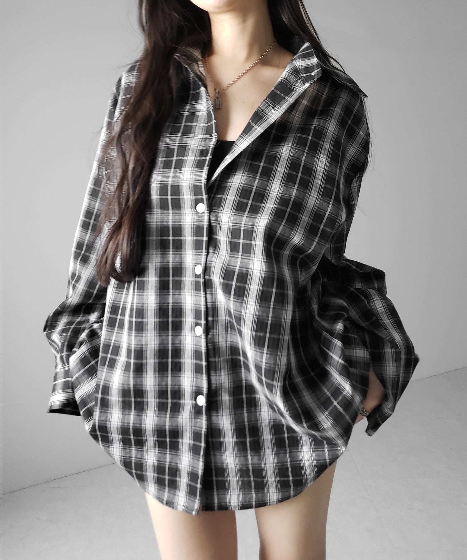 ビッグシルエットブラックシアーチェックシャツ ／ big silhouette black sheer check shirt
