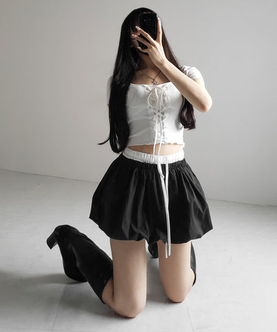 【 ２color ／インパン裏地付き 】フェイクレイヤードコットンバルーンミニスカート ／ fake layered cotton balloon mini skirt