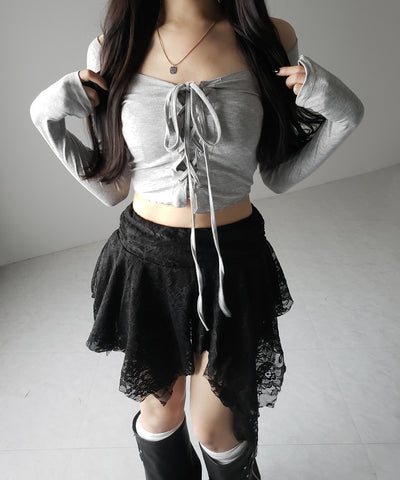 【 ３color 】レースアップフロントリボンショートスリムトップス ／ lace up front ribbon short slim tops