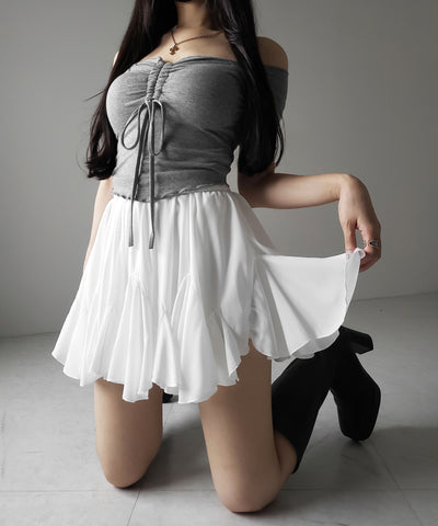 【 ２color ／インパン裏地付き 】ハイウエストドレープフレアミニスカート ／ high waist draped flare mini skirt