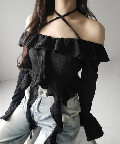 【 ２color 】クロスストラップリボンオフショルダーフリルブラウス ／ cross strap ribbon off shoulder frill blouse