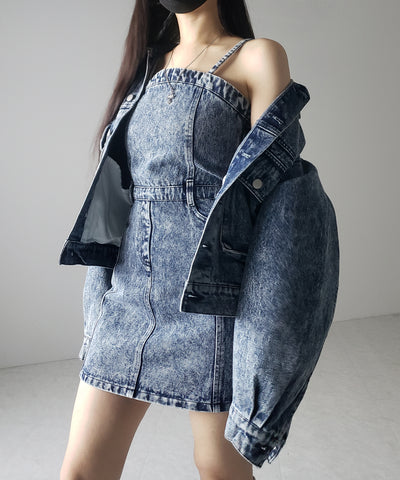 【 セットアップ着用可能 】ヴィンテージケミカルブリーチストラップデニムキャミワンピース ／ vintage chemical bleach strap denim cami onepiece