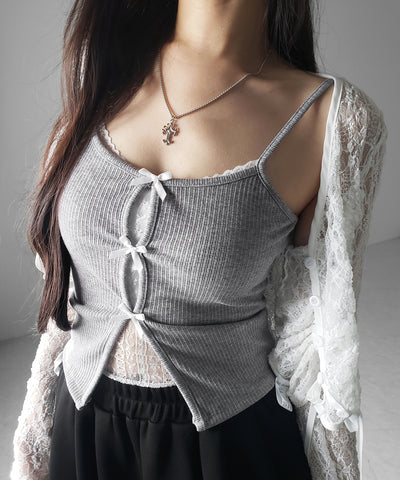 フロントリボンレースレイヤードリブキャミソール ／Front ribbon lace layered ribbed camisole