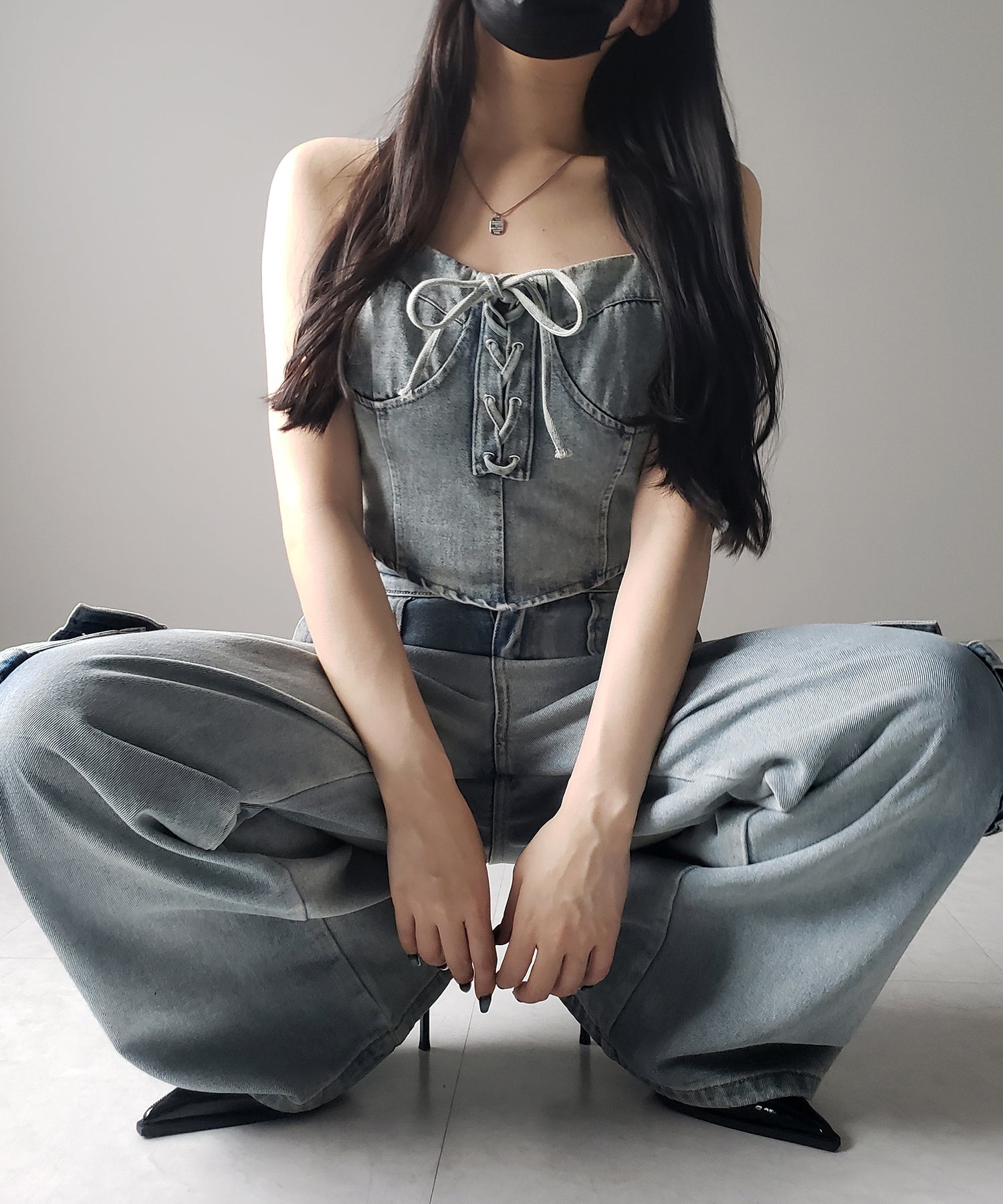 【 ２color 】レースアップリボンコルセットデニムビスチェ ／ lace up ribbon corset denim bustier