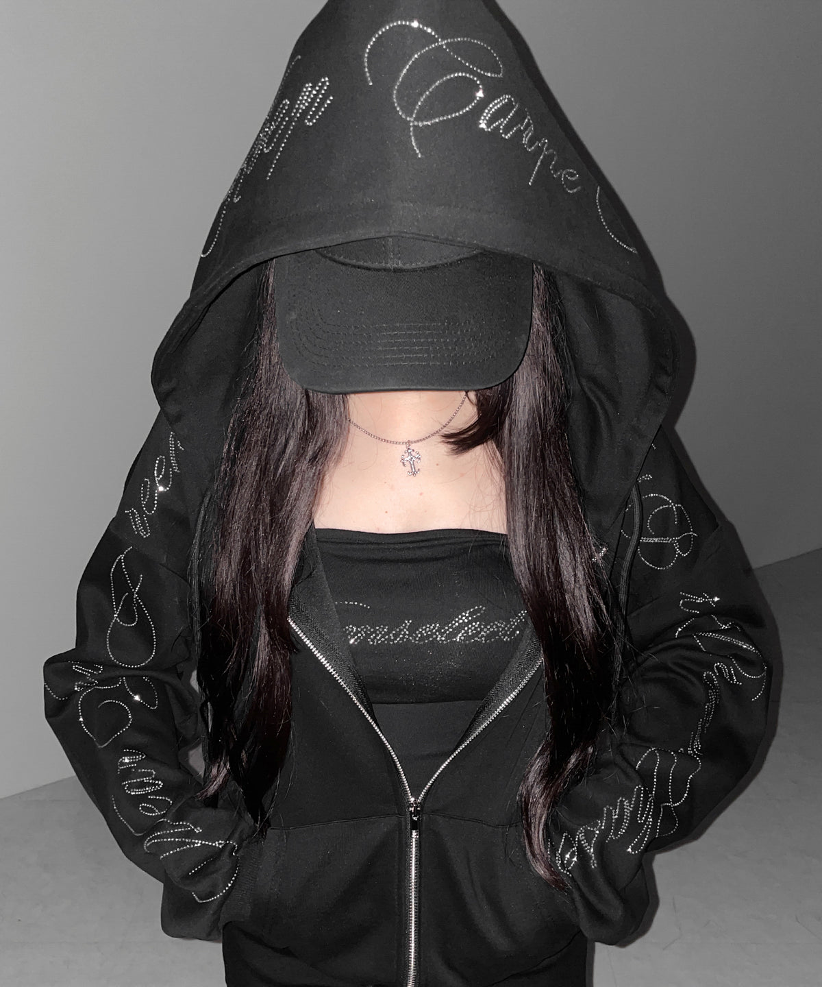 【 セットアップ可能 】ラインストーンロゴダブルジップパーカー ／ Rhine stone logo double zip hoodie