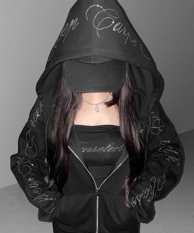 【 セットアップ可能 】ラインストーンロゴダブルジップパーカー ／ Rhine stone logo double zip hoodie